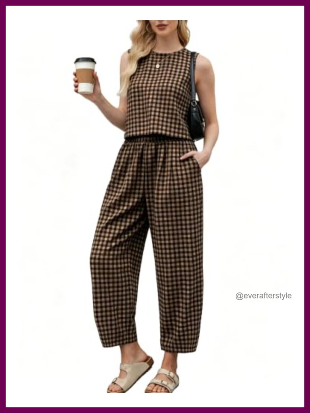 Gingham 2-Piece Summer Set Sleeveless Top Wide-Leg Pants Casual